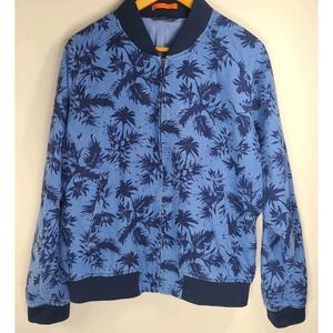 Tallia Mens Bomber Jacket Blue Palm Tropical Print Zip Up Lightweight Jacket EUC